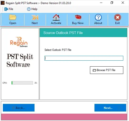 screenshot of Regain PST Splitter